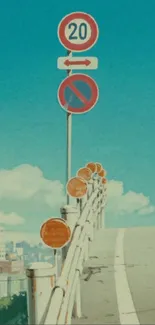 Anime urban road with blue sky and road signs wallpaper.