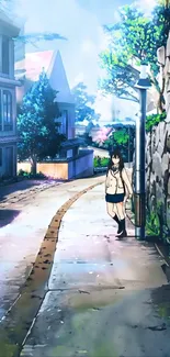 Anime street scene with a lone character in an urban setting.