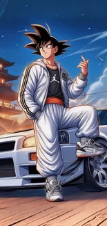 Anime character in urban setting with car.