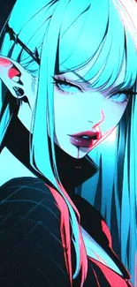 Anime vampire girl with cyan hair in neon art style.