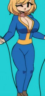 Anime character in a blue jumpsuit with a teal background.