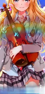 Anime girl with violin against a vibrant sky background, musical theme.