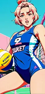 Anime volleyball player in vibrant blue and pink sports setting.