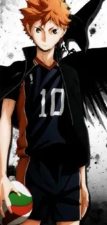 Anime character with volleyball and black wings background.