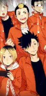 Anime characters in orange tracksuits posing energetically.