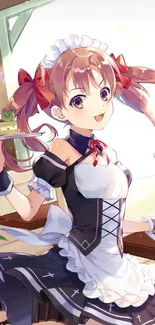 Anime waitress in a café holding a dessert tray with a friendly smile.