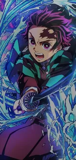 Anime character with sword surrounded by blue energy waves.