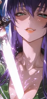 Anime character with a sword and purple hair.