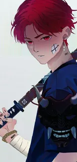 Anime warrior with red hair and sword in blue attire.