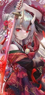 Anime warrior girl with a sword and red floral background.