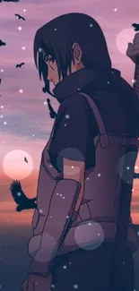 Anime warrior silhouette at sunset with birds and pink sky.