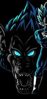 Anime warrior with blue highlights and fierce expression on black background.