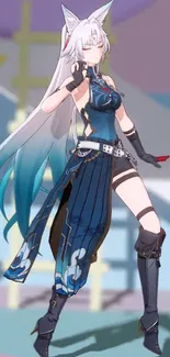 Anime warrior character with fox ears in teal blue outfit and stylized background.