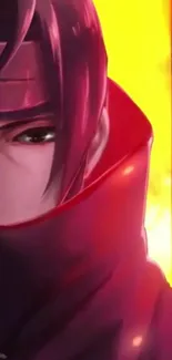 Anime warrior with intense red background close-up.