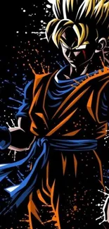 Anime warrior with vibrant blue and orange design on a black background.