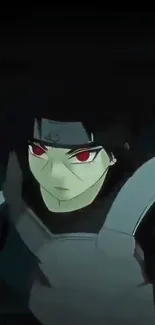 Dark-themed anime warrior with red eyes and armor.