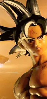 Anime warrior in dynamic pose with intense gaze and vibrant background.