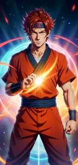 Anime warrior with glowing energy aura in vibrant orange and blue hues.