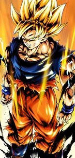 Anime warrior with fiery aura and vibrant colors in dynamic pose.