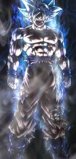 Anime warrior with blue energy aura on mobile wallpaper.