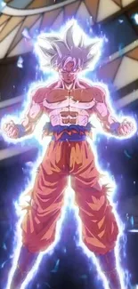 Anime warrior surrounded by electric energy, glowing in vibrant colors.