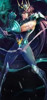 Anime warrior in armor with blue-green and black color theme.