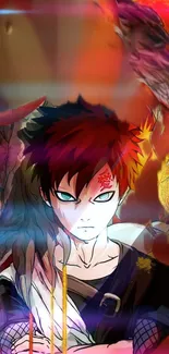 Intense anime warrior with fiery red tones and dynamic elements in vibrant design.