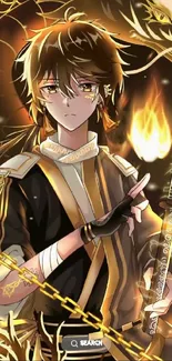 Anime warrior holding a sword with golden fiery effects.