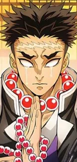 Anime character meditating with intense expression and beads.