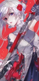 Anime warrior girl with a sword on red background.