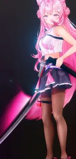 Anime warrior girl with pink hair and a sword on a dynamic mobile wallpaper.