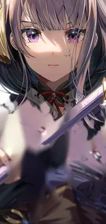 Anime girl with purple hair holding a sword on a vibrant wallpaper.