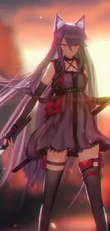 Anime warrior girl with swords and long purple hair.