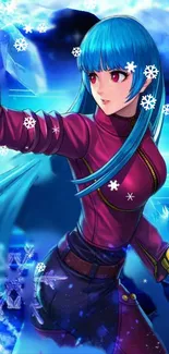 Anime warrior with blue hair in icy setting wallpaper.