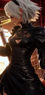 Anime character in black outfit holding a sword.