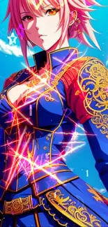 Anime warrior in blue armor, vivid fantasy background.