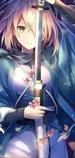 Anime warrior holds sword amidst swirling blue hues.