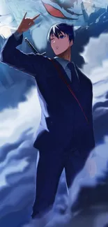 Anime warrior in a blue suit with cloudy background.