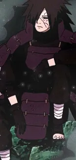 Anime warrior in dark purple armor with smoke background.