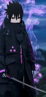 Anime warrior with dark cloak and purple aura in a mystical scene.