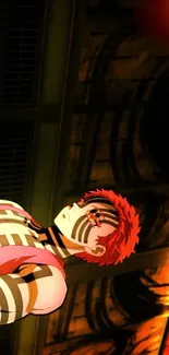 Anime warrior with red hair in fiery lighting.