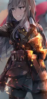 Anime warrior standing amidst flames, with a sword and determined expression.