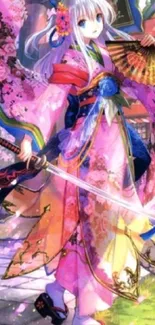 Anime character in floral kimono holding a sword, vibrant colors.