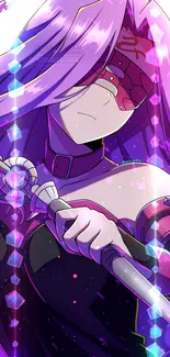 Anime warrior in purple with chains and blindfold.