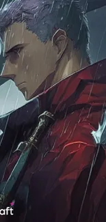 Anime warrior with umbrella in rain, dark and moody wallpaper design.