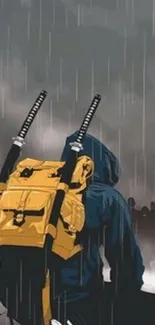 Anime figure with swords in rain, wearing a yellow backpack.