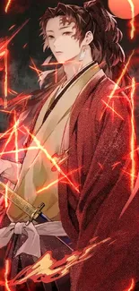 Anime warrior in a red kimono with fiery designs and a sword.