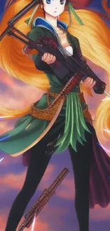 Anime warrior with vibrant hair in a sunset sky background.