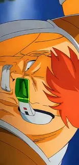 Anime warrior with orange hair and a green eyepiece in dynamic pose.