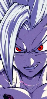 Anime character with intense gaze and vibrant purple tones.